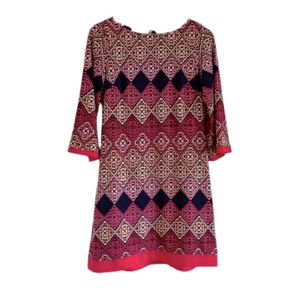 Eliza J Geometric Midi Dress Navy Pink 4 3/4 Sleeve 60s 70s Style Twiggy-core